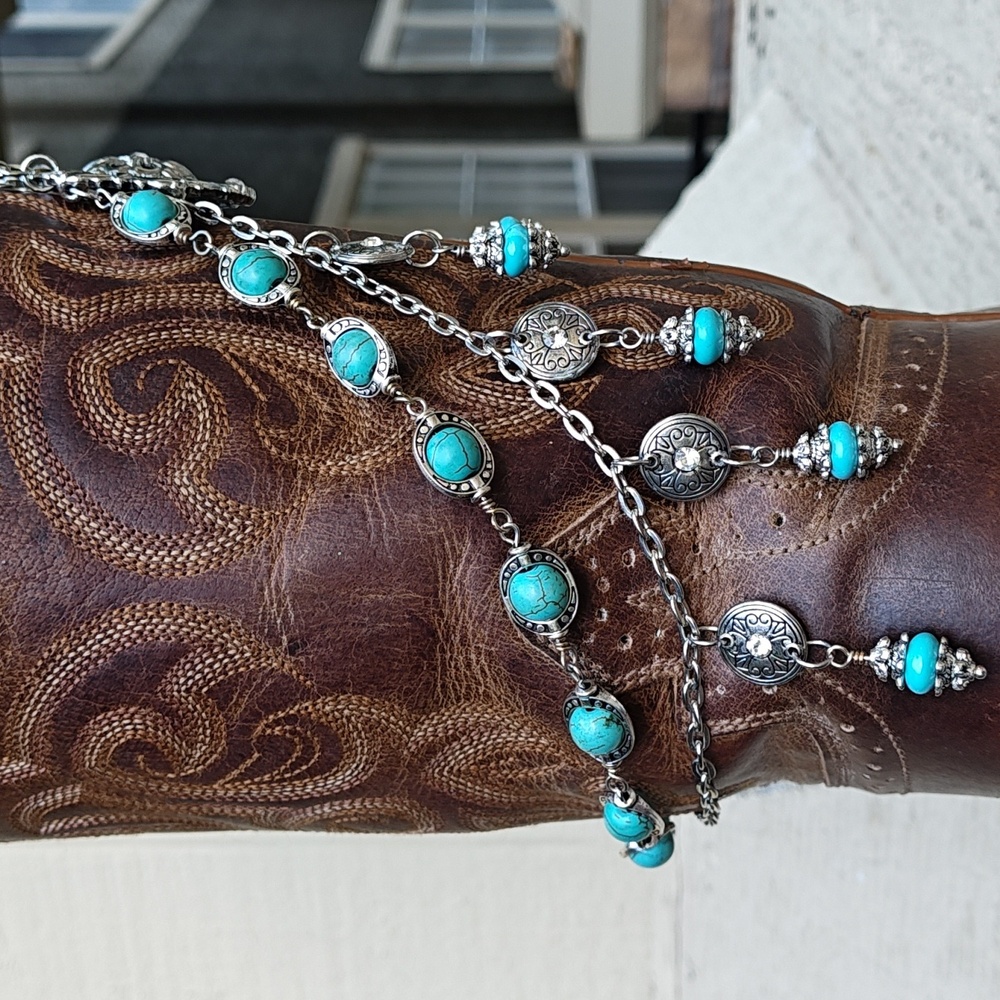 One Of A Kind Turquoise Silver And Rhinestone Jewelry Boot Bracelet Boot Chain - Picture 3 of 6